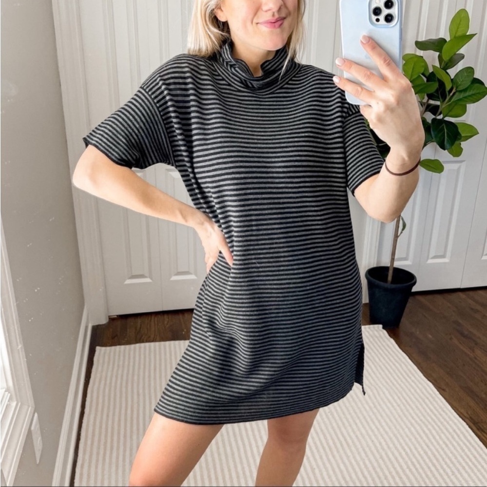 Eileen Fisher Merino Wool Turtle Neck Striped Knit Tunic Top Dress PL/PG